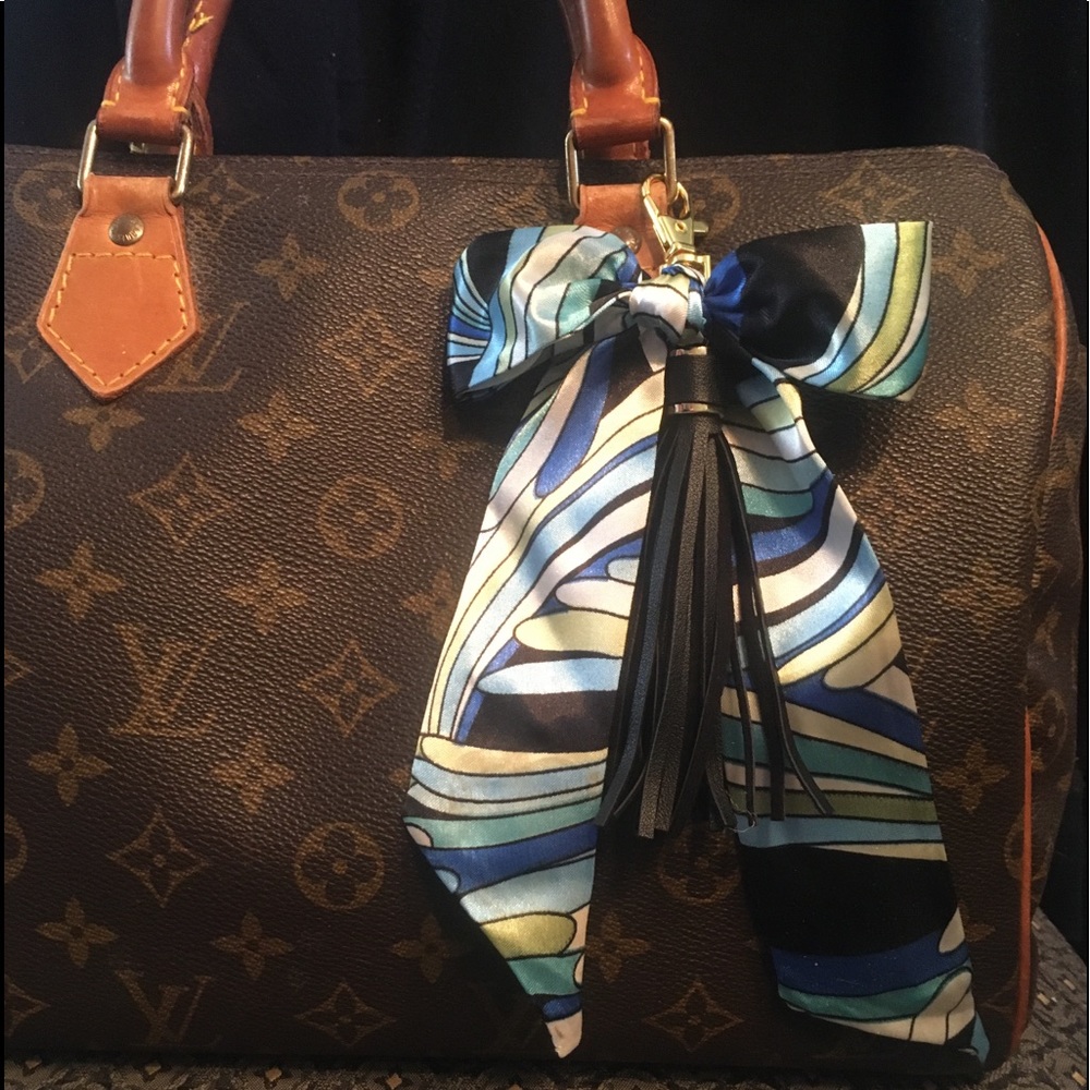 Purse scarf braided  blue white black tassel charm clip on bag
